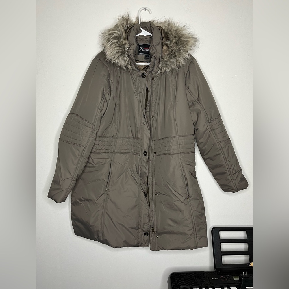 JCPenney Taupe Puffer Coat with Faux Fur Hood